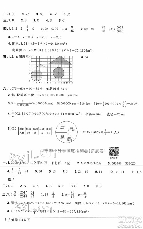 江西教育出版社2022阳光同学一线名师全优好卷单元标准卷+期末复习卷六年级数学下册RJ人教版答案