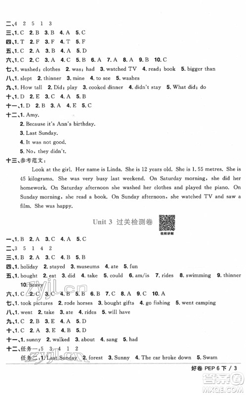 江西教育出版社2022阳光同学一线名师全优好卷单元标准卷+期末复习卷六年级英语下册PEP版答案
