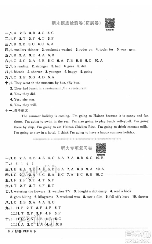 江西教育出版社2022阳光同学一线名师全优好卷单元标准卷+期末复习卷六年级英语下册PEP版答案