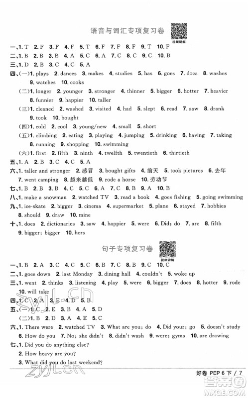 江西教育出版社2022阳光同学一线名师全优好卷单元标准卷+期末复习卷六年级英语下册PEP版答案