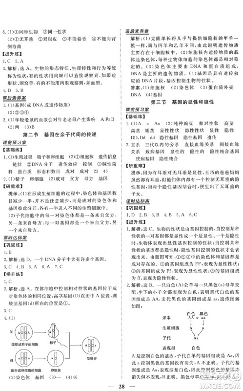 青海人民出版社2022新坐标同步练习八年级生物下册人教版青海专用答案