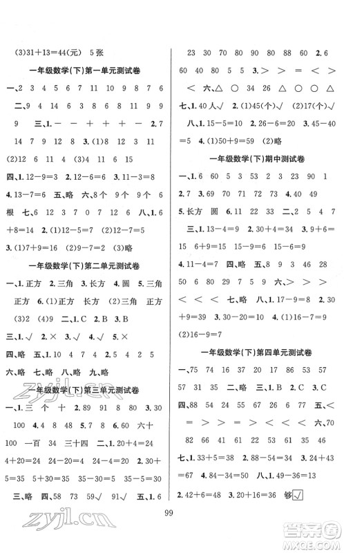 安徽人民出版社2022阳光课堂课时作业一年级数学下册SJ苏教版答案