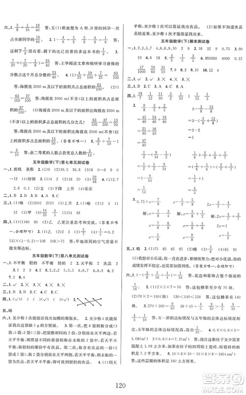 安徽人民出版社2022阳光课堂课时作业五年级数学下册RJ人教版答案