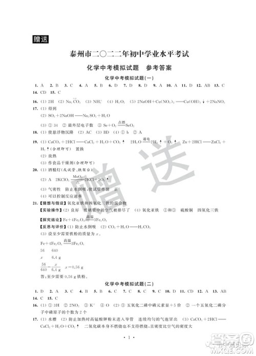 江苏凤凰科学技术出版社2022取胜通关中考模拟卷能力提升九年级化学通用版参考答案