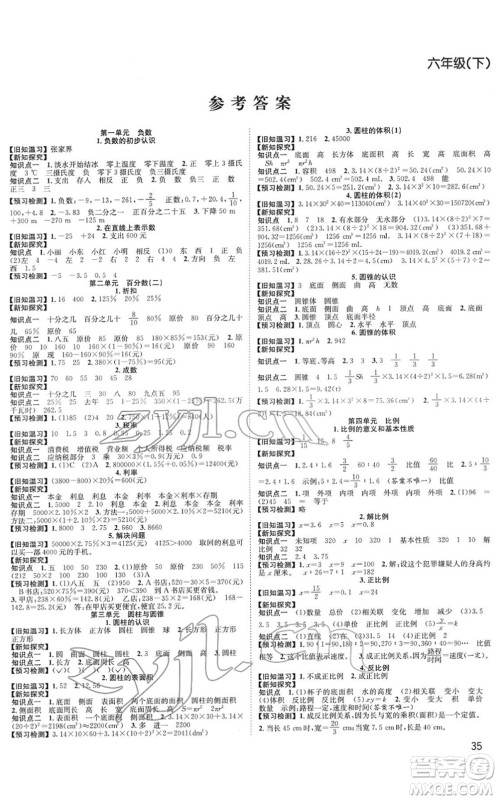 安徽人民出版社2022阳光课堂课时作业六年级数学下册RJ人教版答案