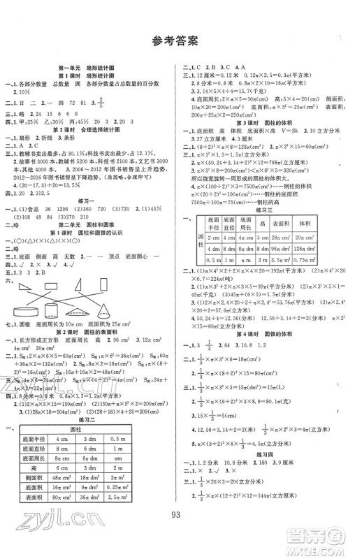 安徽人民出版社2022阳光课堂课时作业六年级数学下册SJ苏教版答案