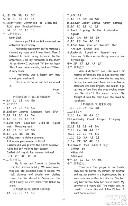 安徽文艺出版社2022阳光课堂课时作业六年级英语下册RJ人教版答案