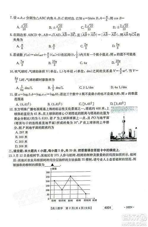 2022届金太阳百万联考3月全国卷高三文科数学试题及答案