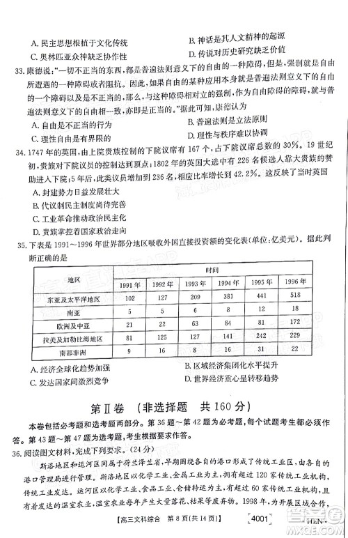 2022届金太阳百万联考3月全国卷高三文科综合试题及答案