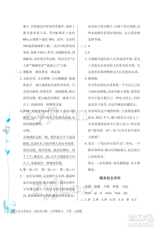 湖北教育出版社2022长江作业本同步练习册六年级语文下册人教版参考答案 湖北教育出版社2022长江作业本同步练习册六年级语文下册人教版参考答案
