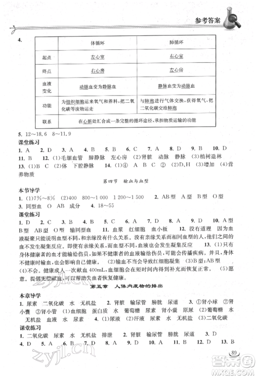 湖北教育出版社2022长江作业本同步练习册七年级生物学下册人教版参考答案