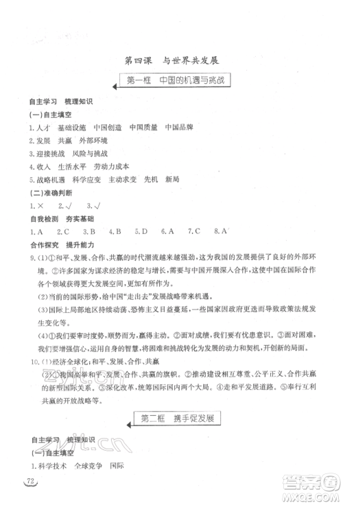 湖北教育出版社2022长江作业本同步练习册九年级道德与法治下册人教版参考答案