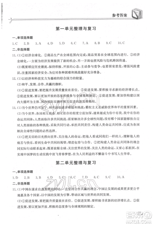 湖北教育出版社2022长江作业本同步练习册九年级道德与法治下册人教版参考答案