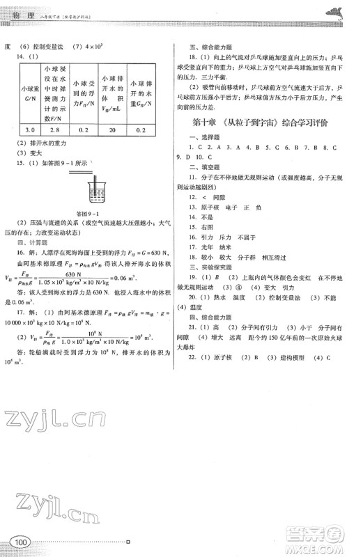 广东教育出版社2022南方新课堂金牌学案八年级物理下册粤教沪科版答案