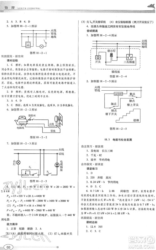 广东教育出版社2022南方新课堂金牌学案九年级物理下册粤教沪科版答案