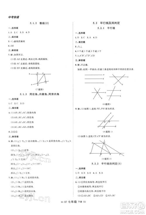 辽宁大学出版社2022中考快递同步检测七年级数学下册人教版大连专版参考答案