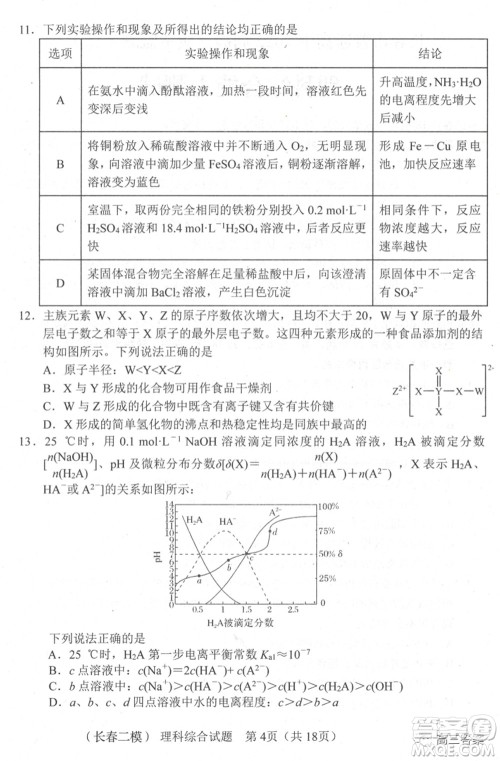 长春市普通高中2022届高三质量监测二理科综合试题及答案