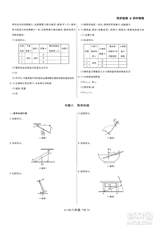 辽宁大学出版社2022中考快递同步检测八年级物理下册人教版大连专版参考答案