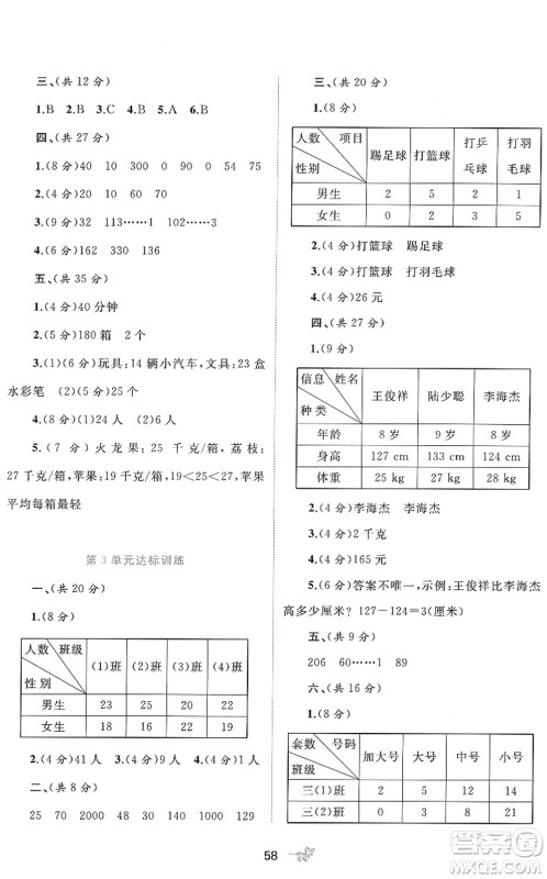 广西教育出版社2022新课程学习与测评单元双测三年级数学下册A人教版答案