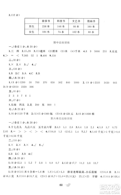 广西教育出版社2022新课程学习与测评单元双测三年级数学下册C冀教版答案