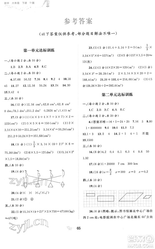 广西教育出版社2022新课程学习与测评单元双测六年级数学下册D北师大版答案