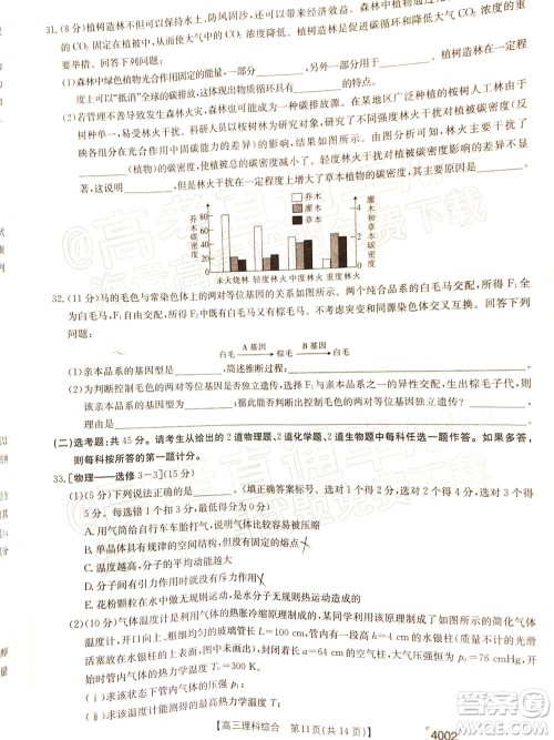 2022届黔东南金太阳3月联考高三理科综合试题及答案