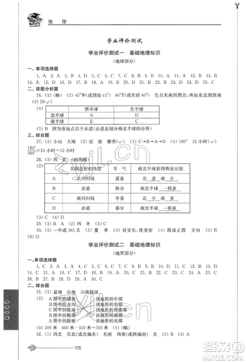 江苏人民出版社2022初中复习与能力训练地理通用版参考答案