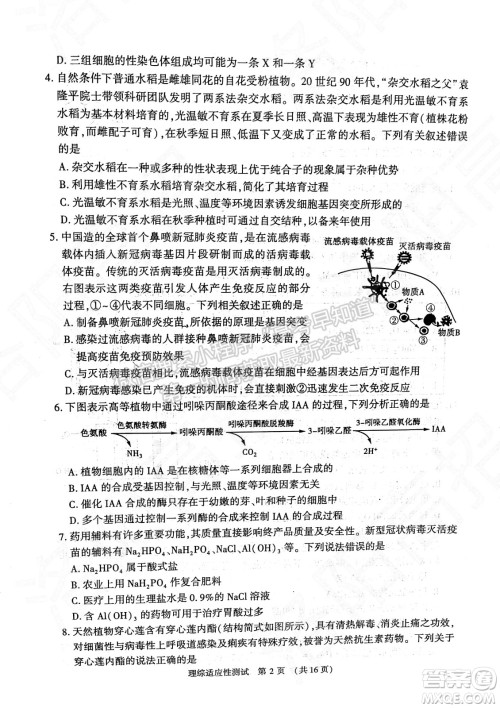 2022年河南省普通高中毕业班高考适应性考试理科综合能力测试试卷及答案