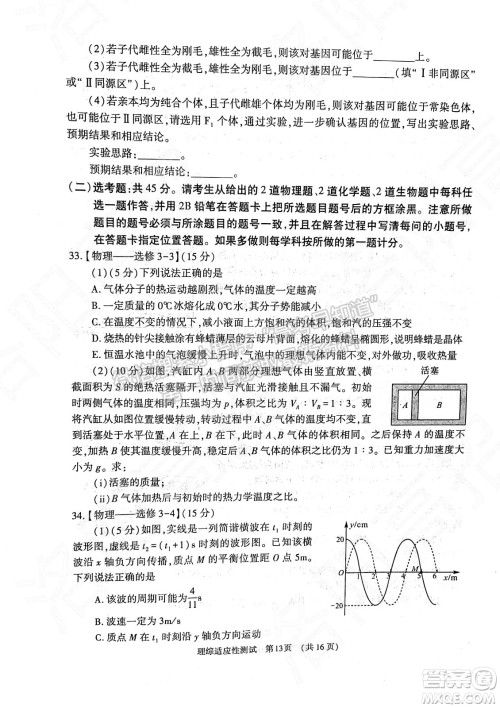 2022年河南省普通高中毕业班高考适应性考试理科综合能力测试试卷及答案