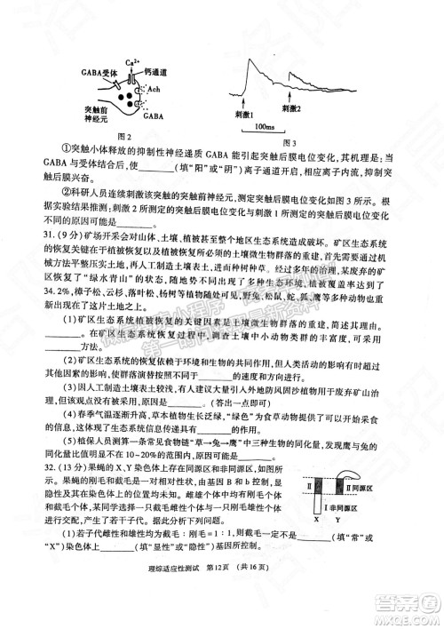 2022年河南省普通高中毕业班高考适应性考试理科综合能力测试试卷及答案
