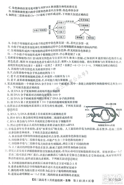 2022届九师联盟高三新高考3月质量检测高三生物试题及答案