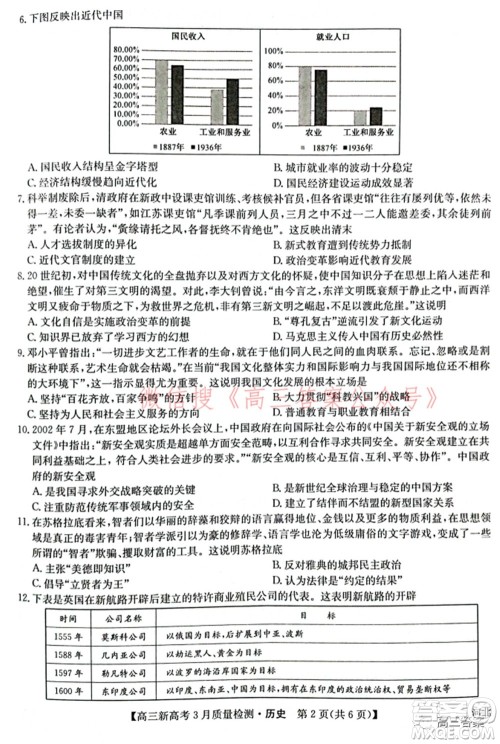 2022届九师联盟高三新高考3月质量检测高三历史试题及答案 2022届九师联盟高三新高考3月质量检测高三历史试题及答案