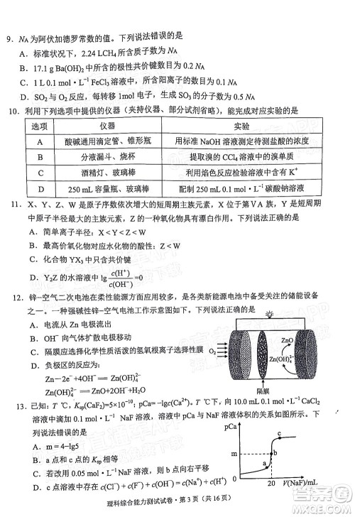 2022年云南省第一次高中毕业生复习统一检测理科综合试题及答案
