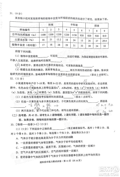 2022年云南省第一次高中毕业生复习统一检测理科综合试题及答案