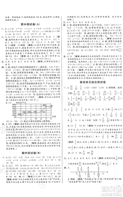 云南美术出版社2022同步跟踪全程检测五年级数学下册苏教版答案