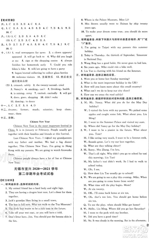 云南美术出版社2022同步跟踪全程检测六年级英语下册译林版答案