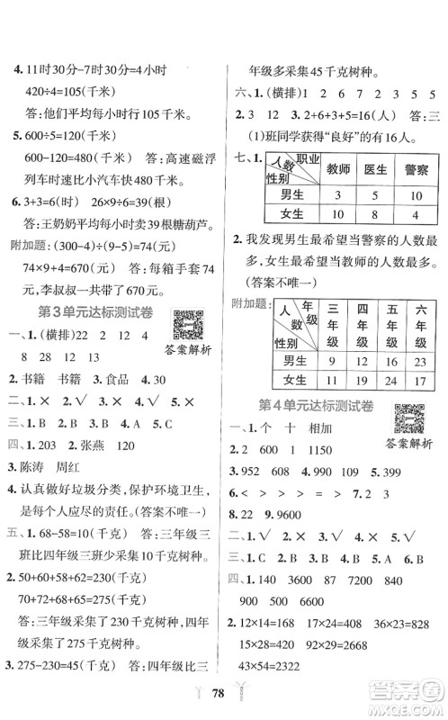 陕西师范大学出版总社2022小学学霸冲A卷三年级数学下册RJ人教版答案