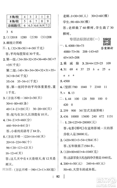 陕西师范大学出版总社2022小学学霸冲A卷四年级数学下册RJ人教版答案