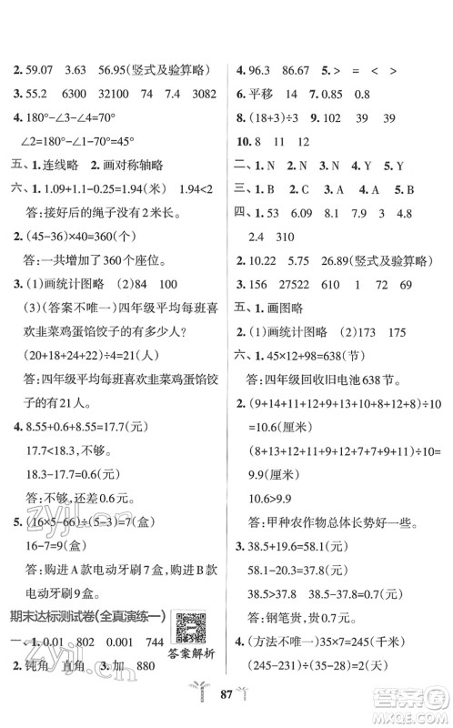 陕西师范大学出版总社2022小学学霸冲A卷四年级数学下册RJ人教版答案