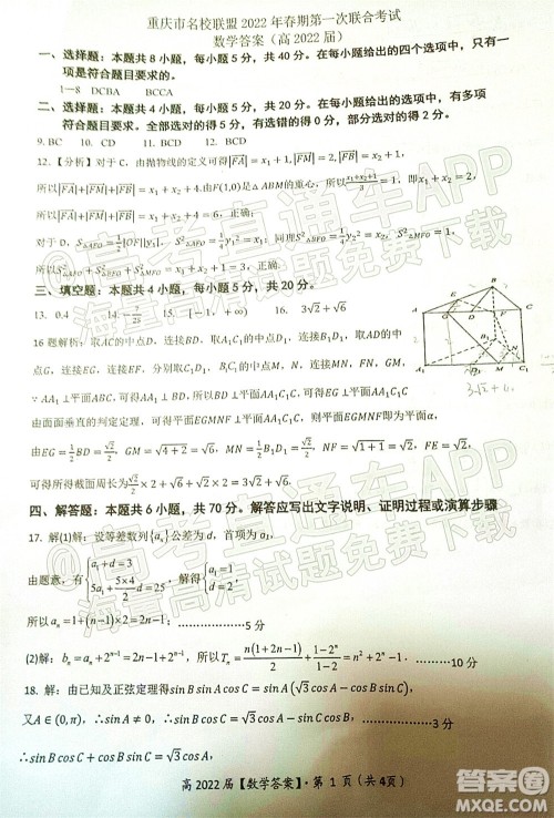 重庆市名校联盟2022年春期第一次联合考试高三数学试题及答案