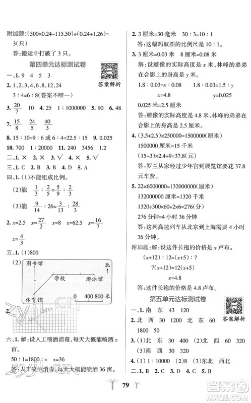陕西师范大学出版总社2022小学学霸冲A卷六年级数学下册SJ苏教版答案