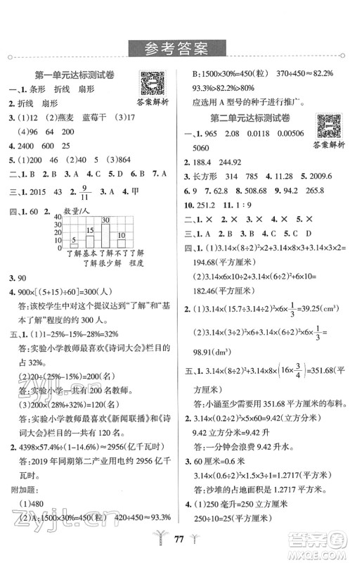 陕西师范大学出版总社2022小学学霸冲A卷六年级数学下册SJ苏教版答案