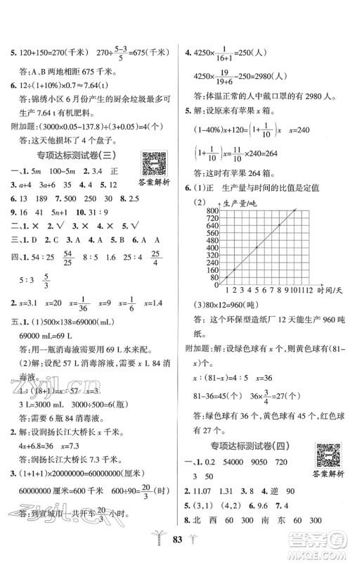 陕西师范大学出版总社2022小学学霸冲A卷六年级数学下册SJ苏教版答案