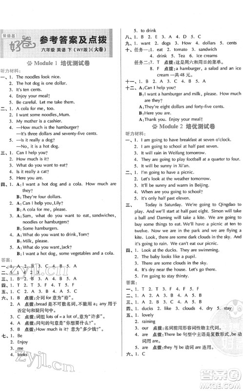 吉林教育出版社2022荣德基好卷六年级英语下册WY外研版答案