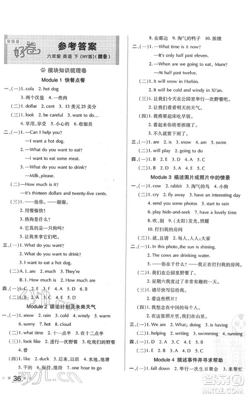 吉林教育出版社2022荣德基好卷六年级英语下册WY外研版答案