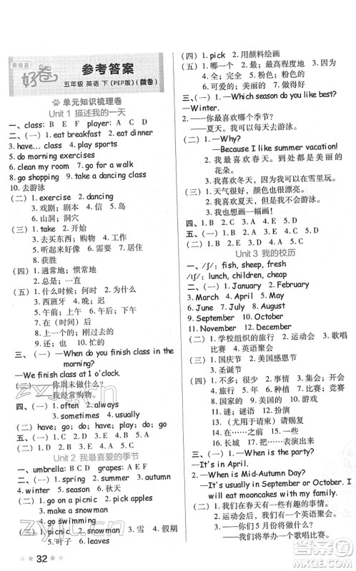 吉林教育出版社2022荣德基好卷五年级英语下册PEP版答案