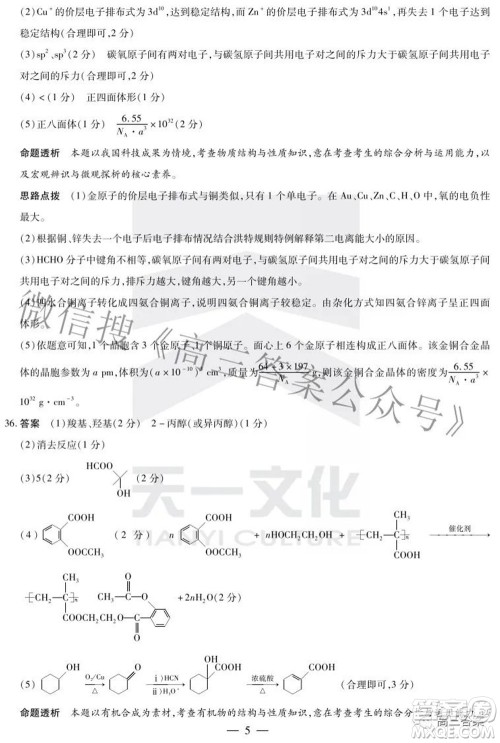 天一大联考2021-2022学年高中毕业班阶段性测试五理科综合答案