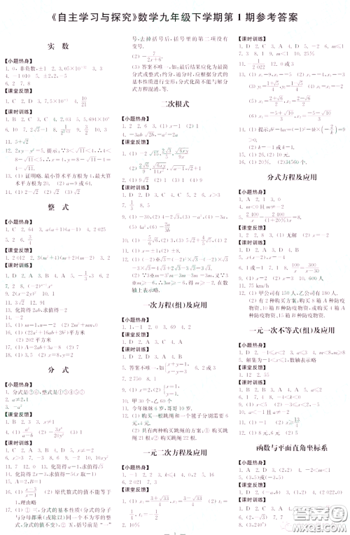 2022自主学习与探究九年级数学下册第1期答案