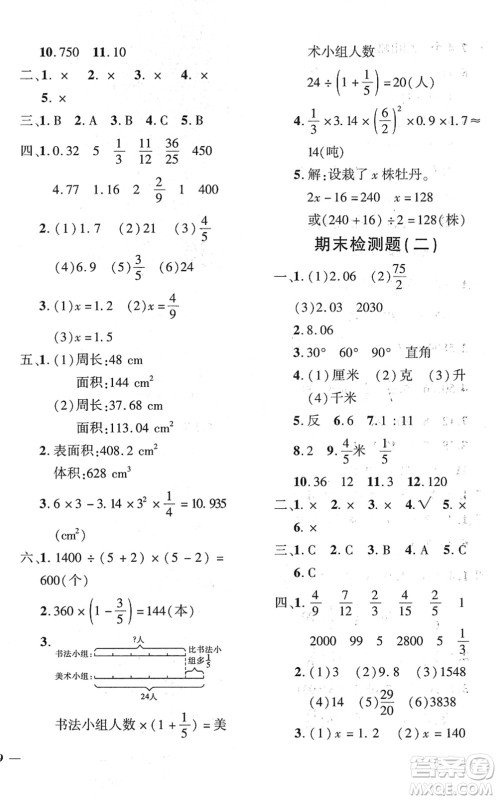 济南出版社2022黄冈360度定制密卷六年级数学下册RJ人教版答案