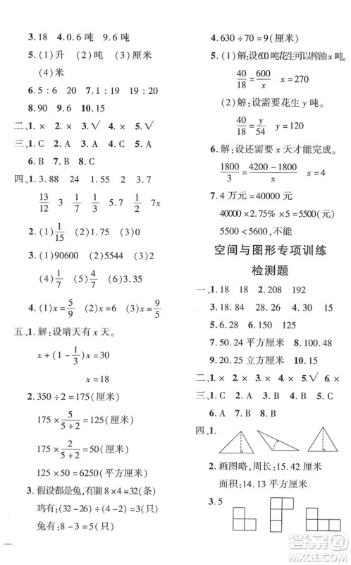 济南出版社2022黄冈360度定制密卷六年级数学下册RJ人教版湖南专版答案